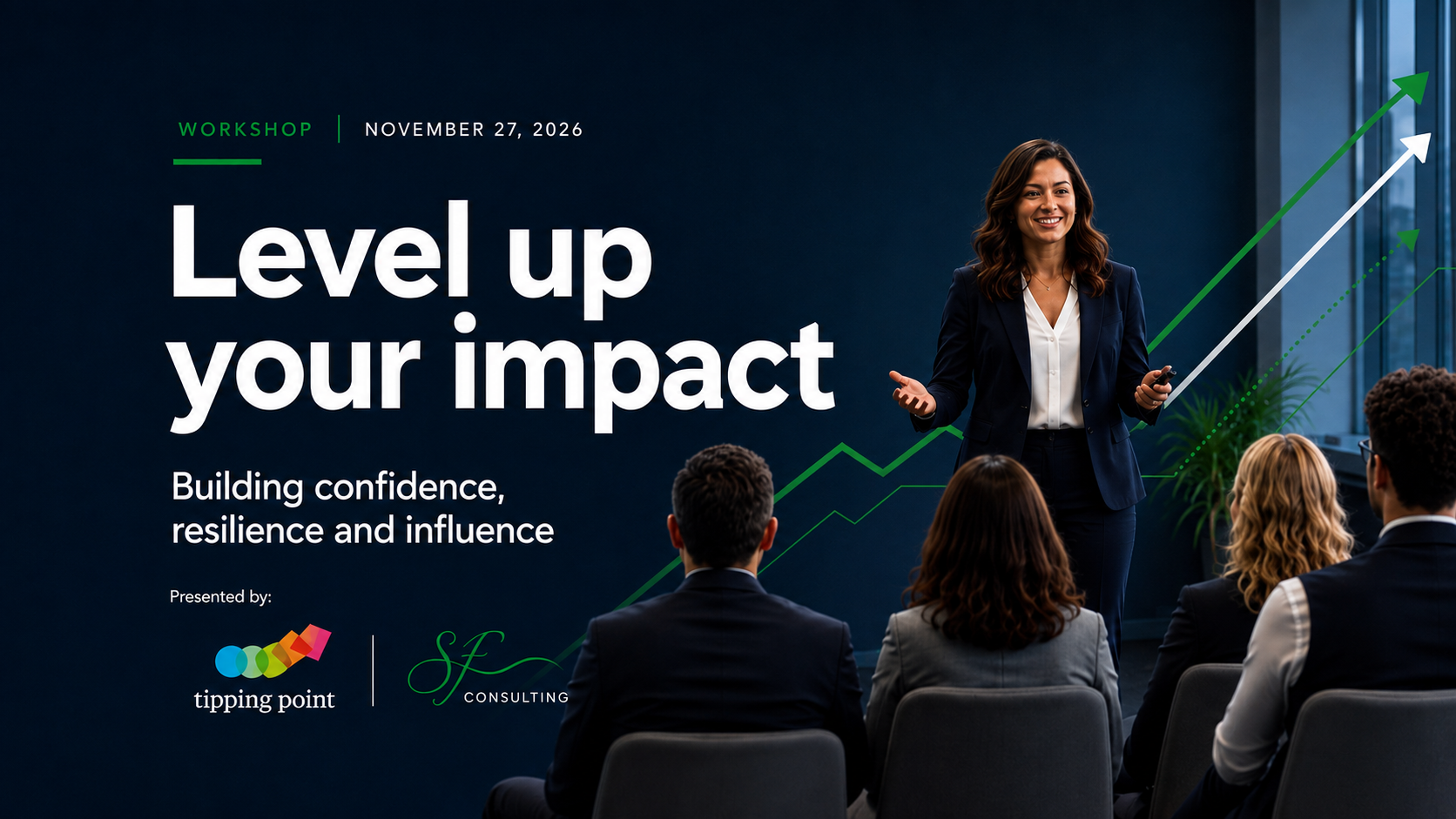 Blue background and white text image of woman presenting at the front of the room. This is a promotion for "Level up your impact" workshop on November 27 in Winnipeg. 